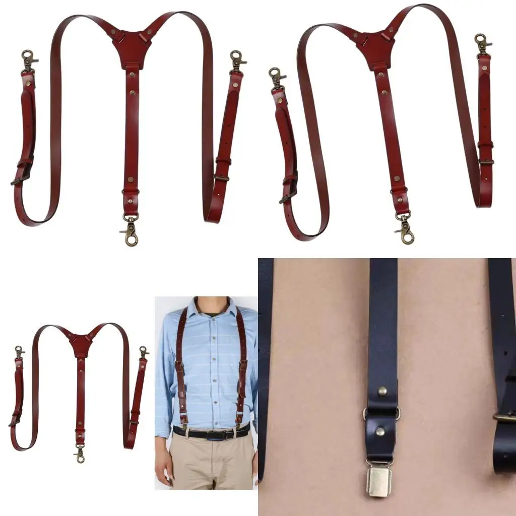 

72XE Classical PU Leather Suspenders Straps With Secure Hook Clip Mens Accessory