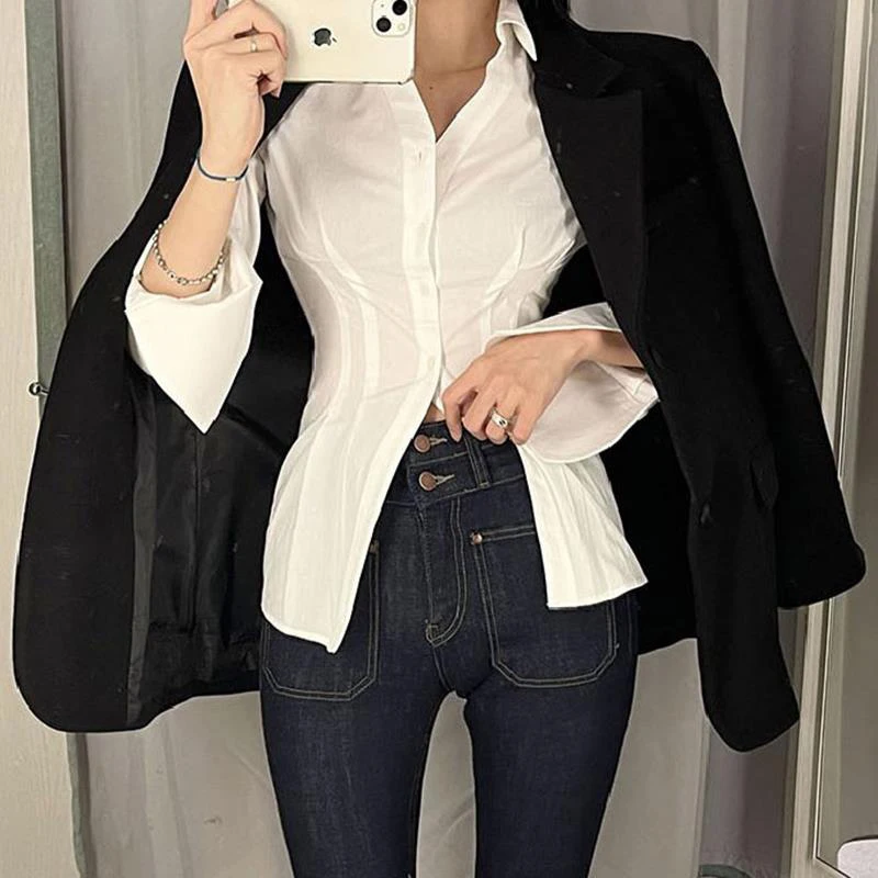 MEXZT Y2K Women Slim Blouses Office Lady Fashion Long Sleeve Folds Chic Shirt Vintage Streetwear Korean Sexy Skinny Casual Tops