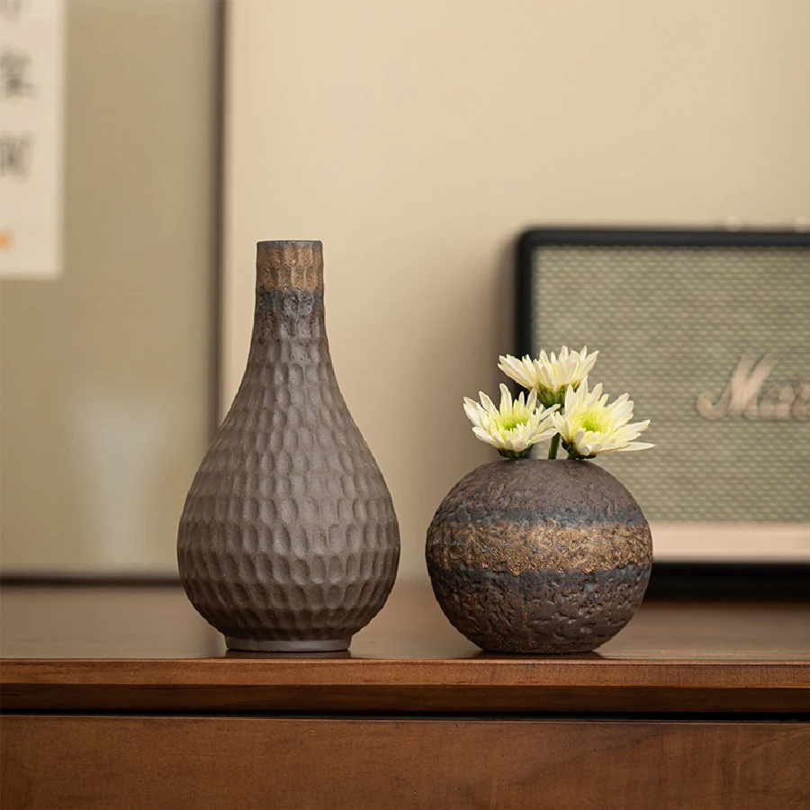 Vintage coarse pottery small vase, Japanese style living room dining table, hydroponic flower set, home decoration ornament