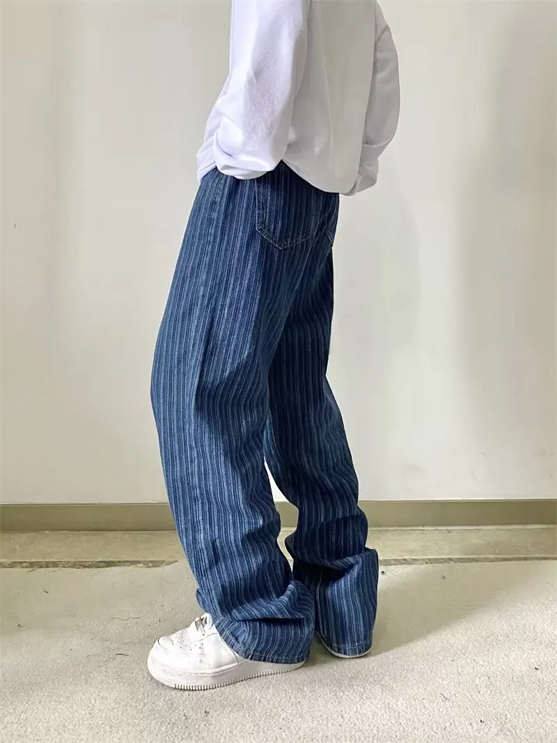 S-5XL Striped Jeans Women Harajuku Vintage Blue Unisex Baggy Summer Fashion Korean Clothing All-match Daily Hip Hop High Street