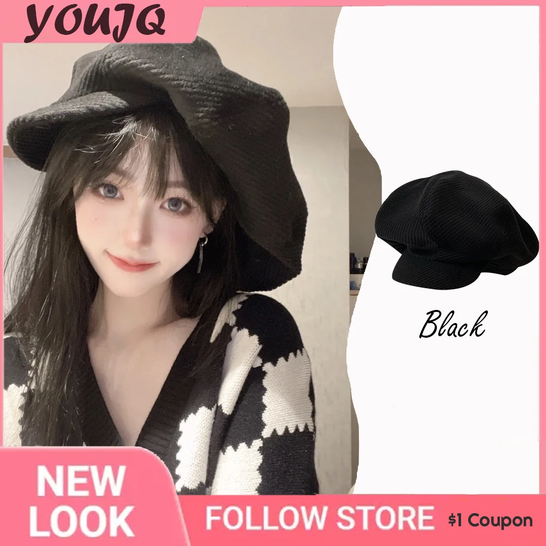 Y2K Corduroy Mushroom Hat Fashion Large Cloud Hat Autumn Winter Black Octagonal Cap Women Face Small Painter Caps Gorras