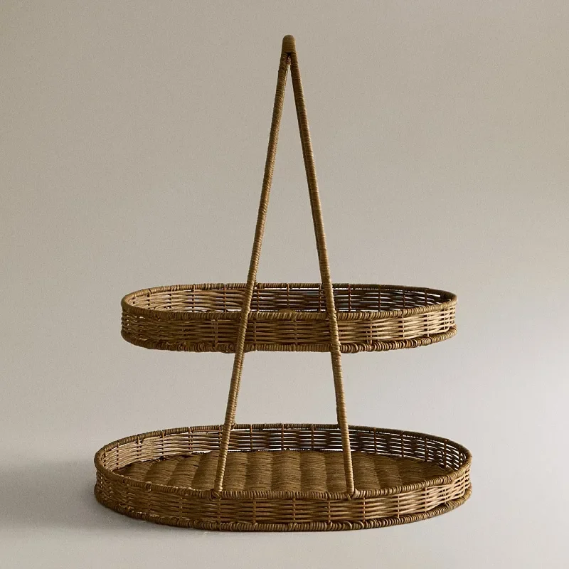 Natural Rattan Woven Basket Double Layer Snack Tray for Hot Pot Bread Fruit Tea Display Storage Organizer Home Kitchen Decor