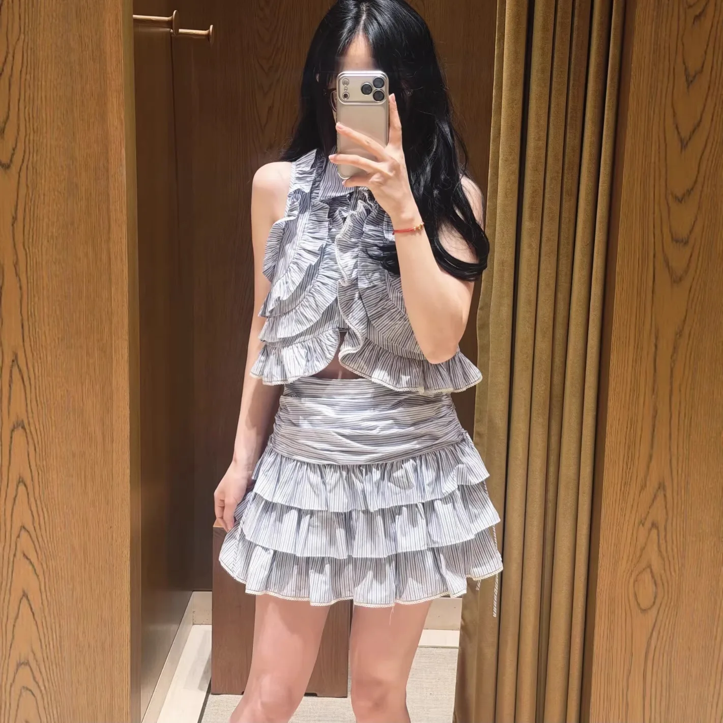 

Spring/Summer Women Turn-down Neck Striped Print Set Ruffle Trim Sleeveless Top + High Waist Tiered Mini Skirt Elegant Suit