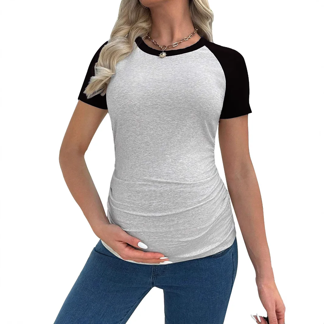 

Summer New Color Blocking Pleated Short Sleeved T-Shirt Casual Stretch Slim Fit Pregnant Women's Fashionable Maternity Tee