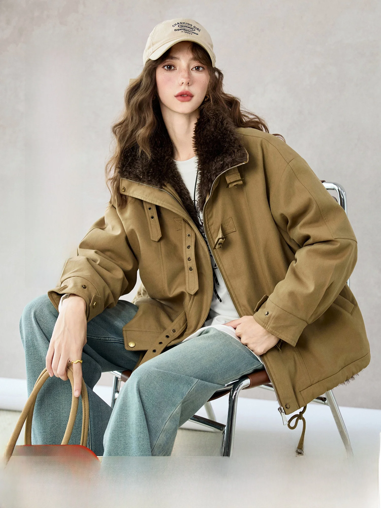 

NAGUAGU Modern Traveler Pumpkin Valley Motorcycle Sle ort Jaet Women's Autumn Winter Thiened Velvet Warm Workwear