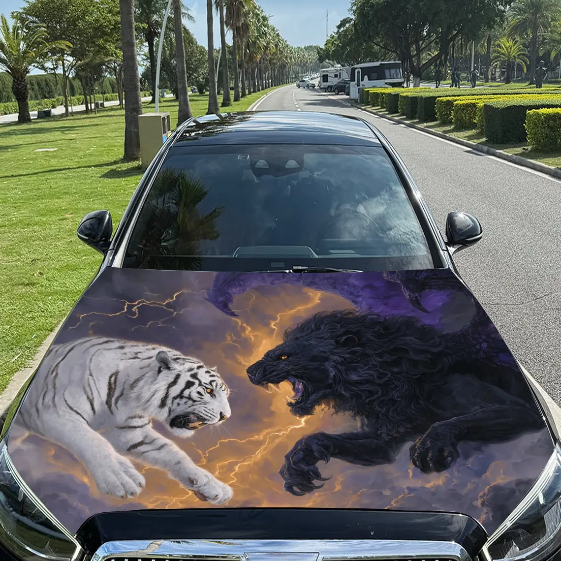

Purple Lightning Tiger Lion Print car hood stickers, waterproof self-adhesive, scratch resistant, easy to stick, durable car PVC