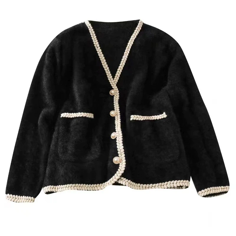 Temperament Faux Mink Cardigan Women Elegant Pearls Button Up Coats Woman 2025 Spring Autumn Fashion V-Neck Cardigan Female