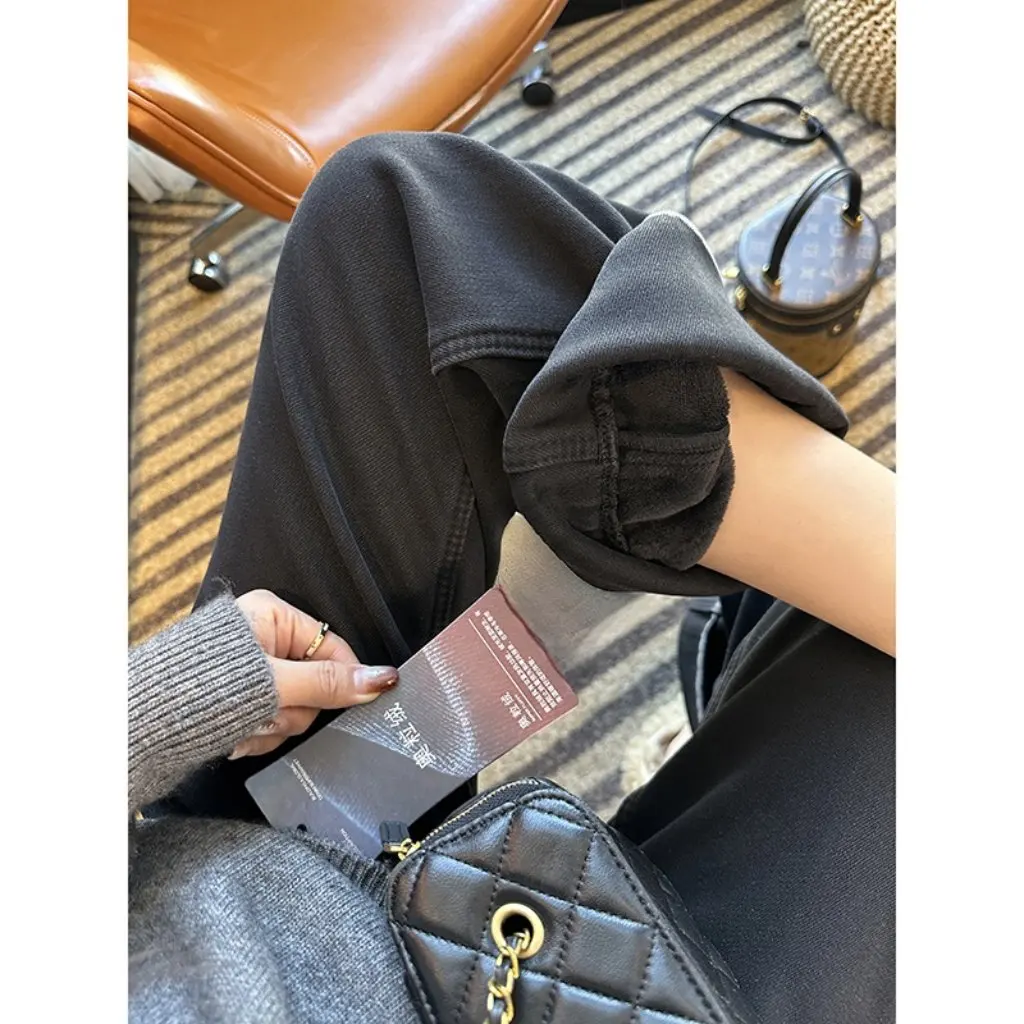 

Women's High-Waisted Cropped Wide-Leg Jeans Winter Thickened Soft Design Cuffed Fleece Pants