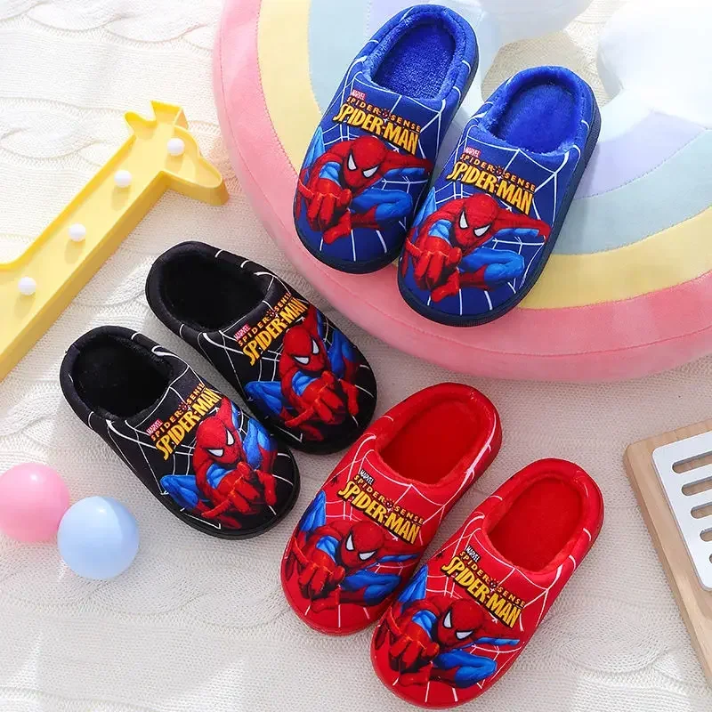 New Autumn Winter Cartoon Spider Man Children Cotton Slippers Warm Princess Boy Girl Women Men Indoor Bedroom Home Shoes 24-38