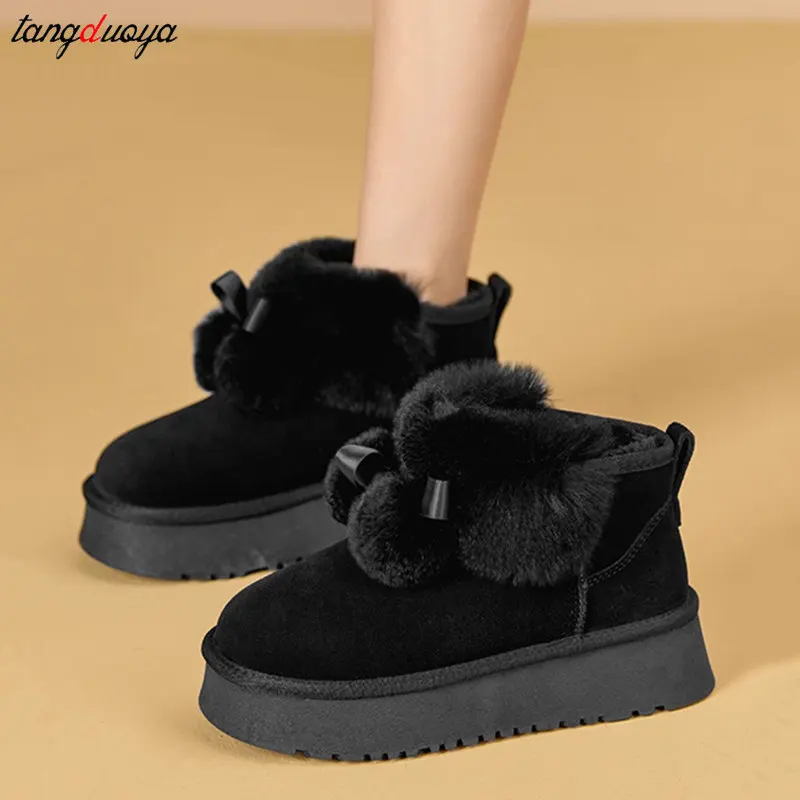 Cute furry ball Women\'s cotton boots Australian Boots Winter Footwear Round Toe Boots-Women Fashion Snow Low Ladies Ankle boots