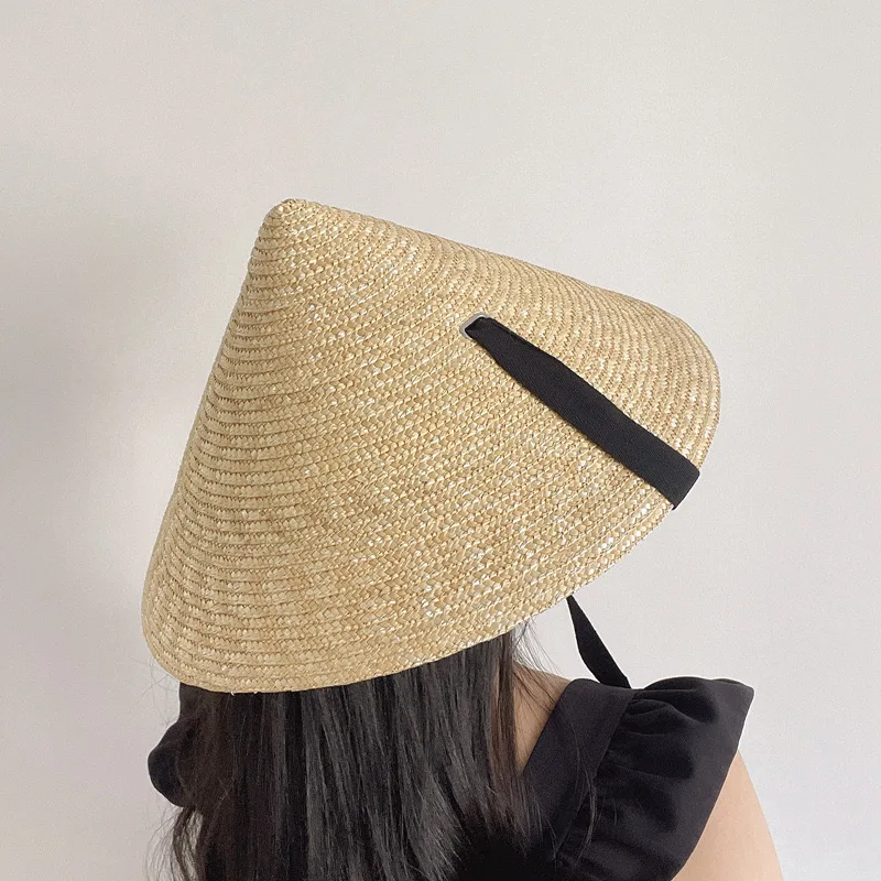 European American Vacation Black Khaki Natural Straw Hats For Women Bucket Hat Tied Up Magician Cap Summer Beach Sun Hat New