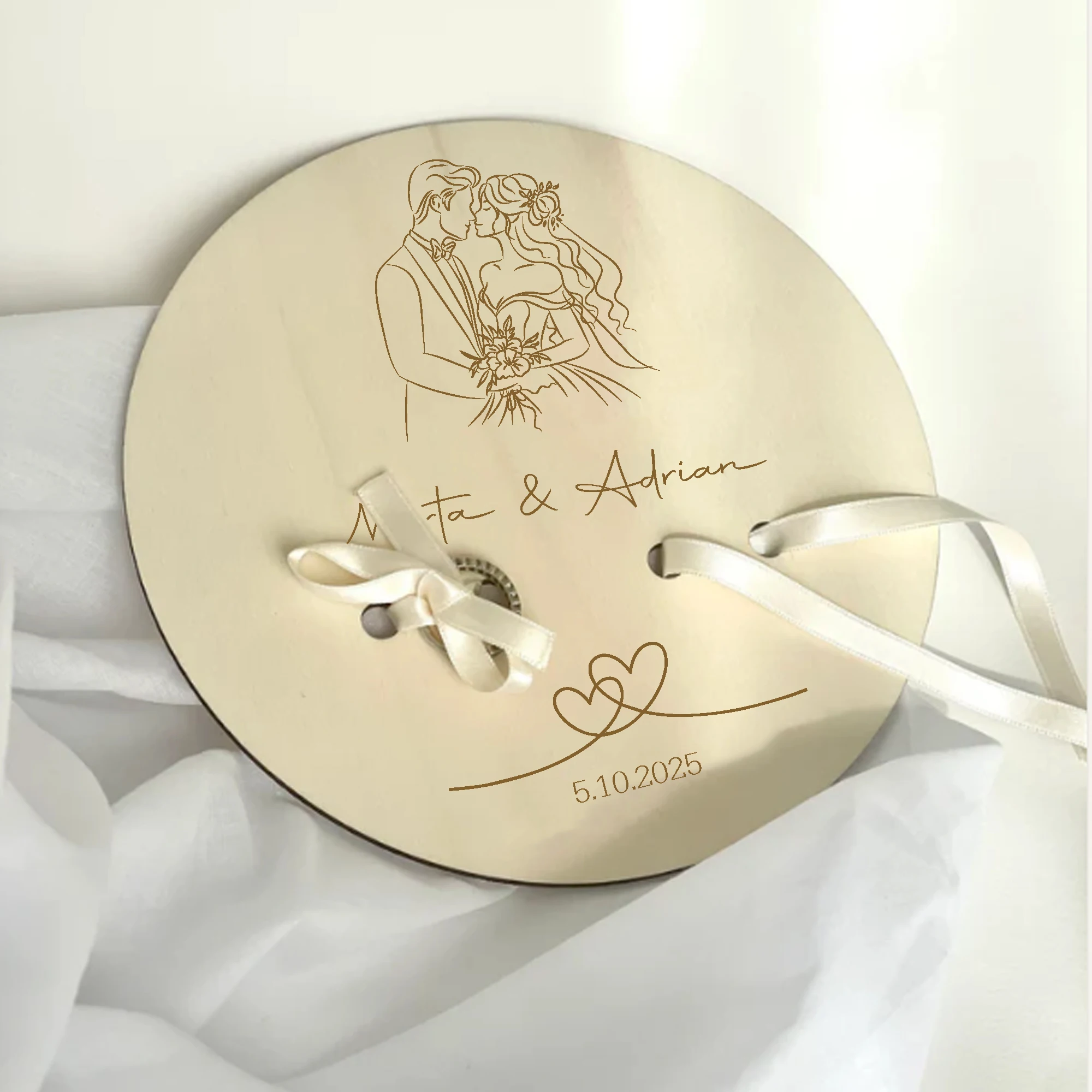 Personalized Wooden Ring Stand with White Ribbon,Custom Wedding Ring Bearer Holder,Rustic Wedding Gift,Anniversary Gift for Her