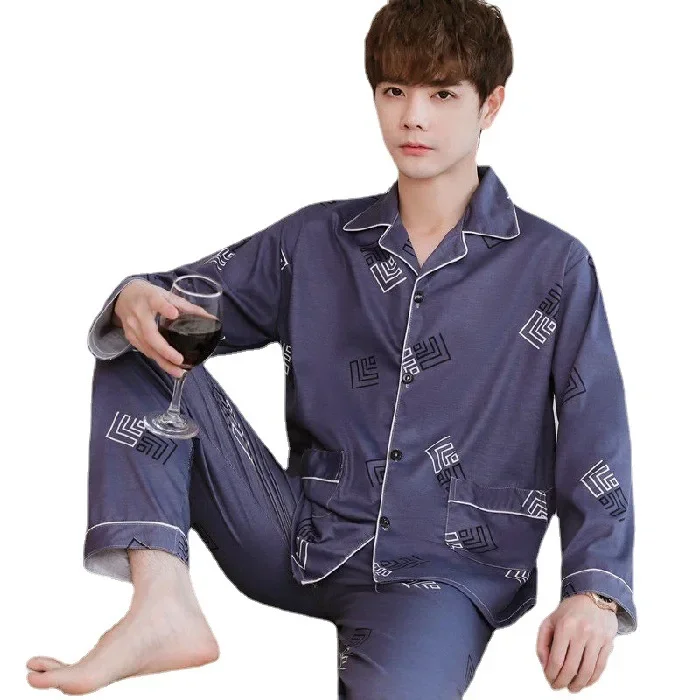 New Men\'s Long-sleeved Pajamas Men\'s Tide Bear Simple Printing Loose Comfortable Youth Fashion Knitted Large Size Suit Gentlemen