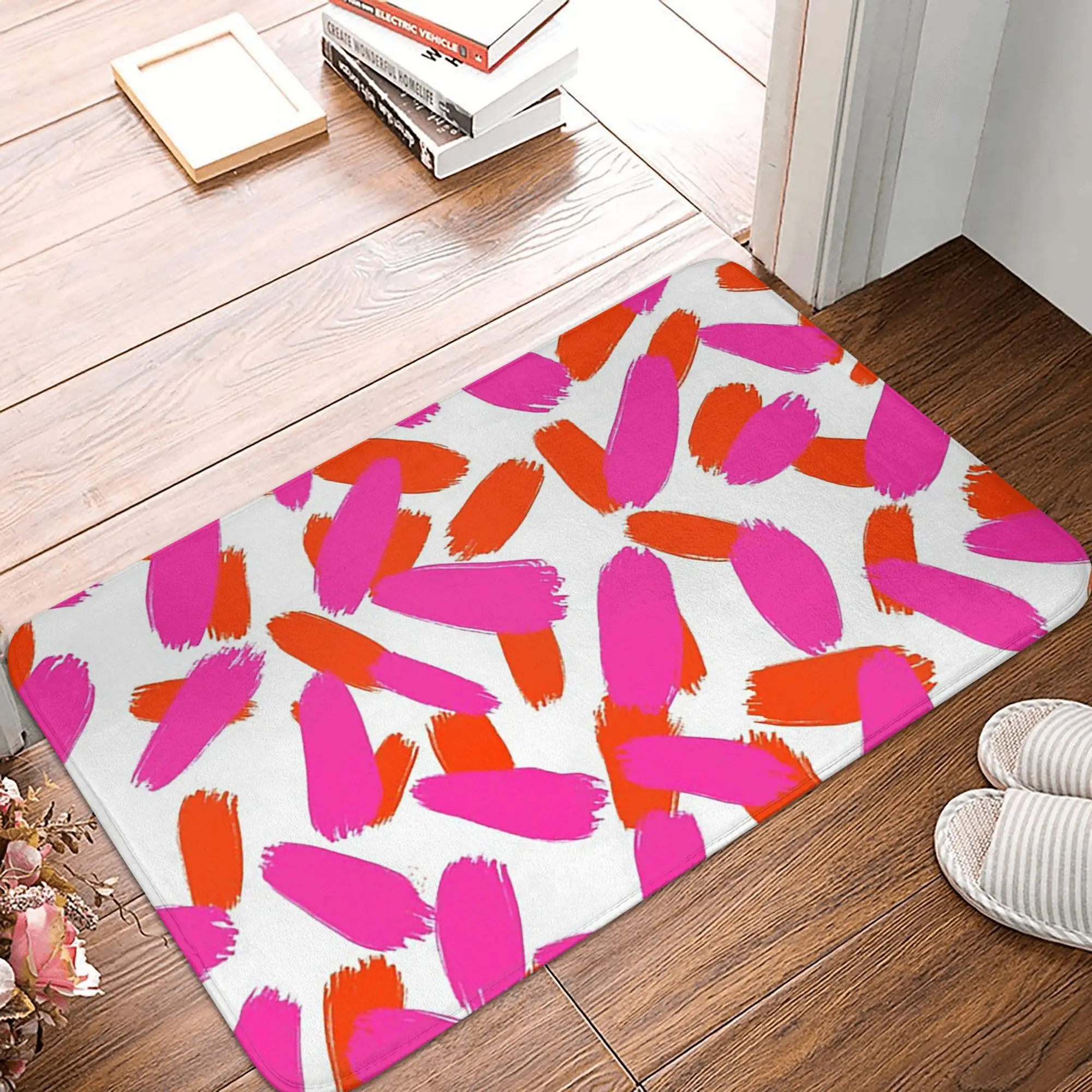 Hot Pink and Orange Dash Brushstrokes Abstract Non-slip Doormat Floor Mat Rug for Kitchen Entrance Home Balcony Footpad Mats