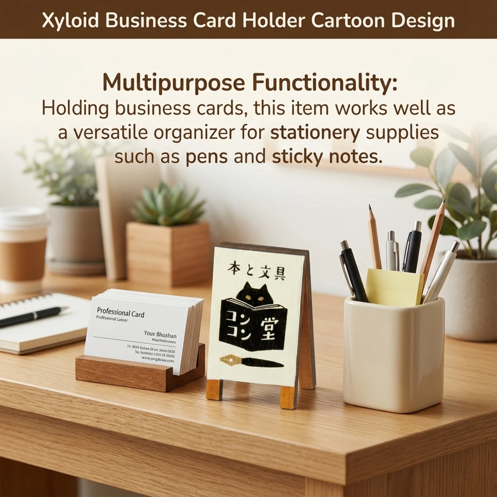 Creative Business Card Holder Cute Cartoon Wooden Desk Organizer for Office Decoration Storage Stationery Holder Durable