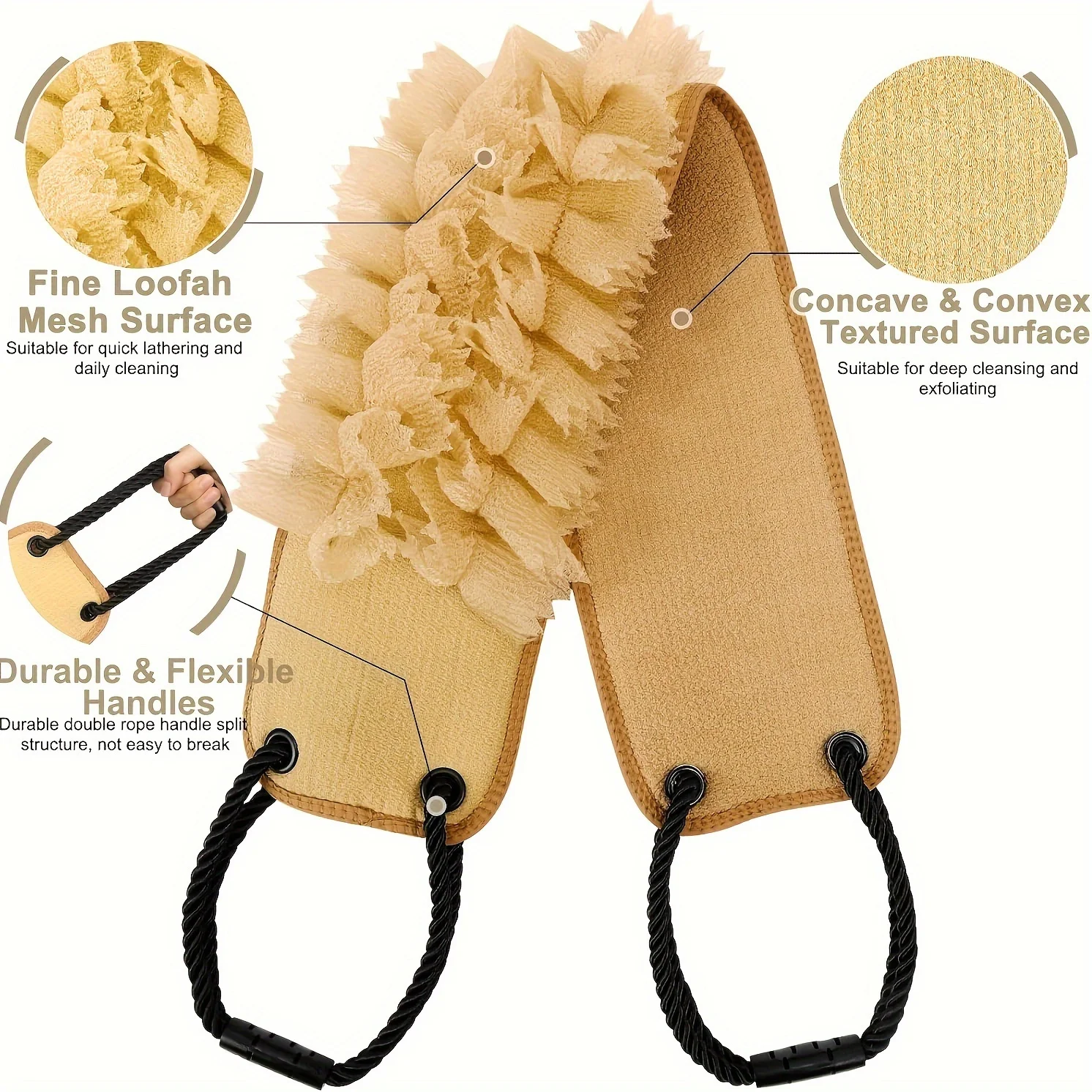 A 36.4-inch long back scrubbing towel, a dual-use tool for home and personal bathing and back exfoliation