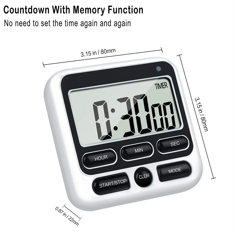 LCD Display Digital Kitchen Timer with Mute/Loud Alarm Switch ON/Off Switch 24 Hour Clock Alarm for Kids Teachers Cooking