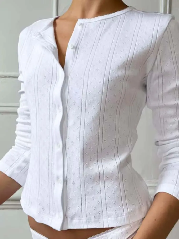Jacquard Hollow Out Long Sleeve Tops Women Single Breasted Slim Fit Casual Outwear Tops White T-shirt Slightly Transparent Tops