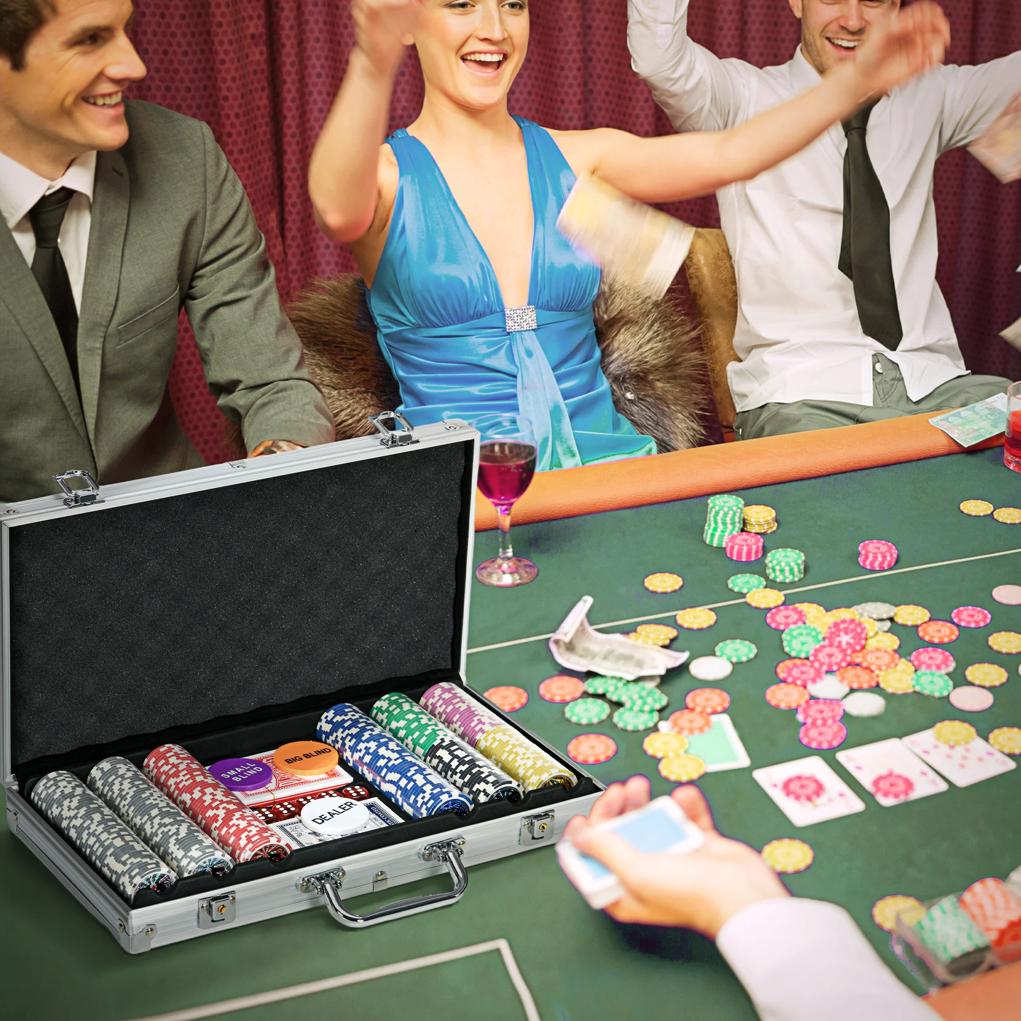 SPORTNOW Juego de fichas de póquer de 300 piezas, estuche de aluminio, juego de póquer Holdem, tapete, fichas de 11,5 g, dos barajas, distribuidor, cinco dados