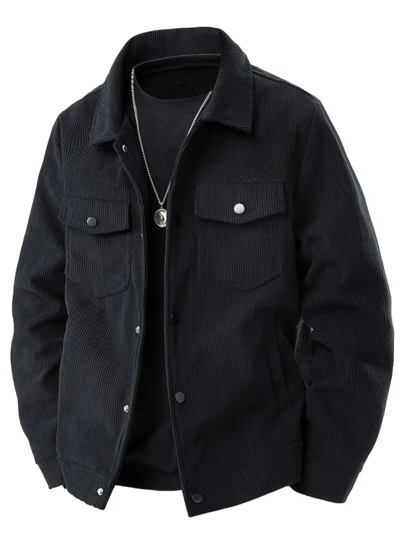 Mens Corduroy Trucker Jacket Turn Down Collar Double Chest Pockets Button Down Casual Outerwear Set