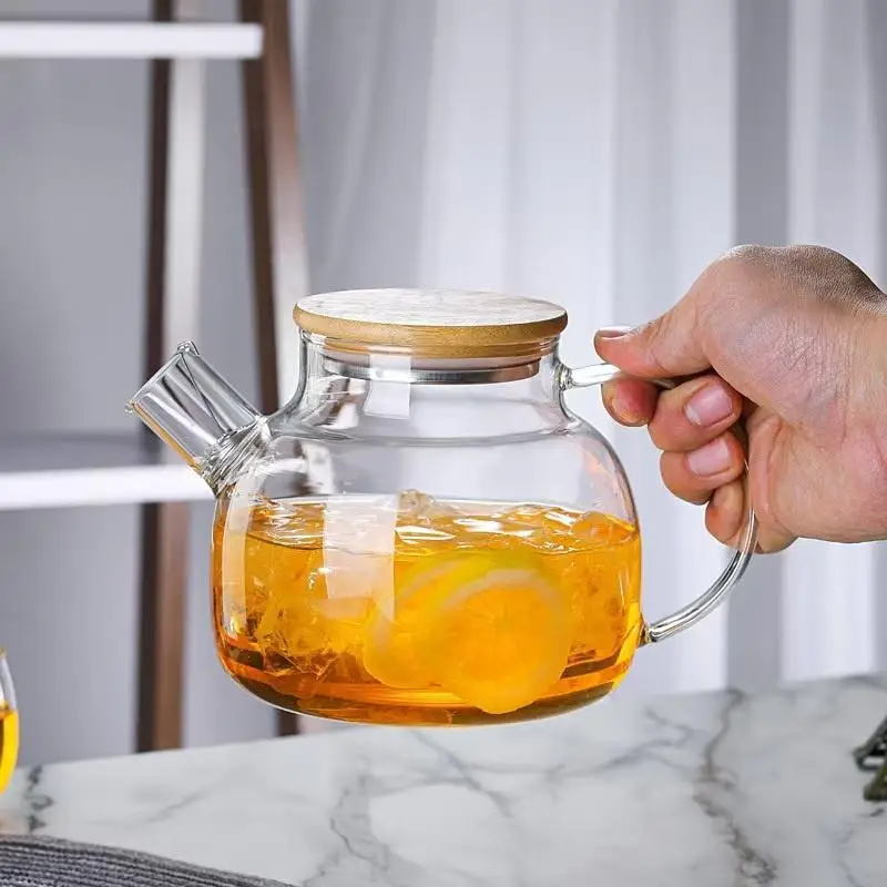 1L Glass Teapot With Bamboo Lid Transparent Heat Resistant Thicken Glass Pitcher Cold Water Jug Household Tea Pot...