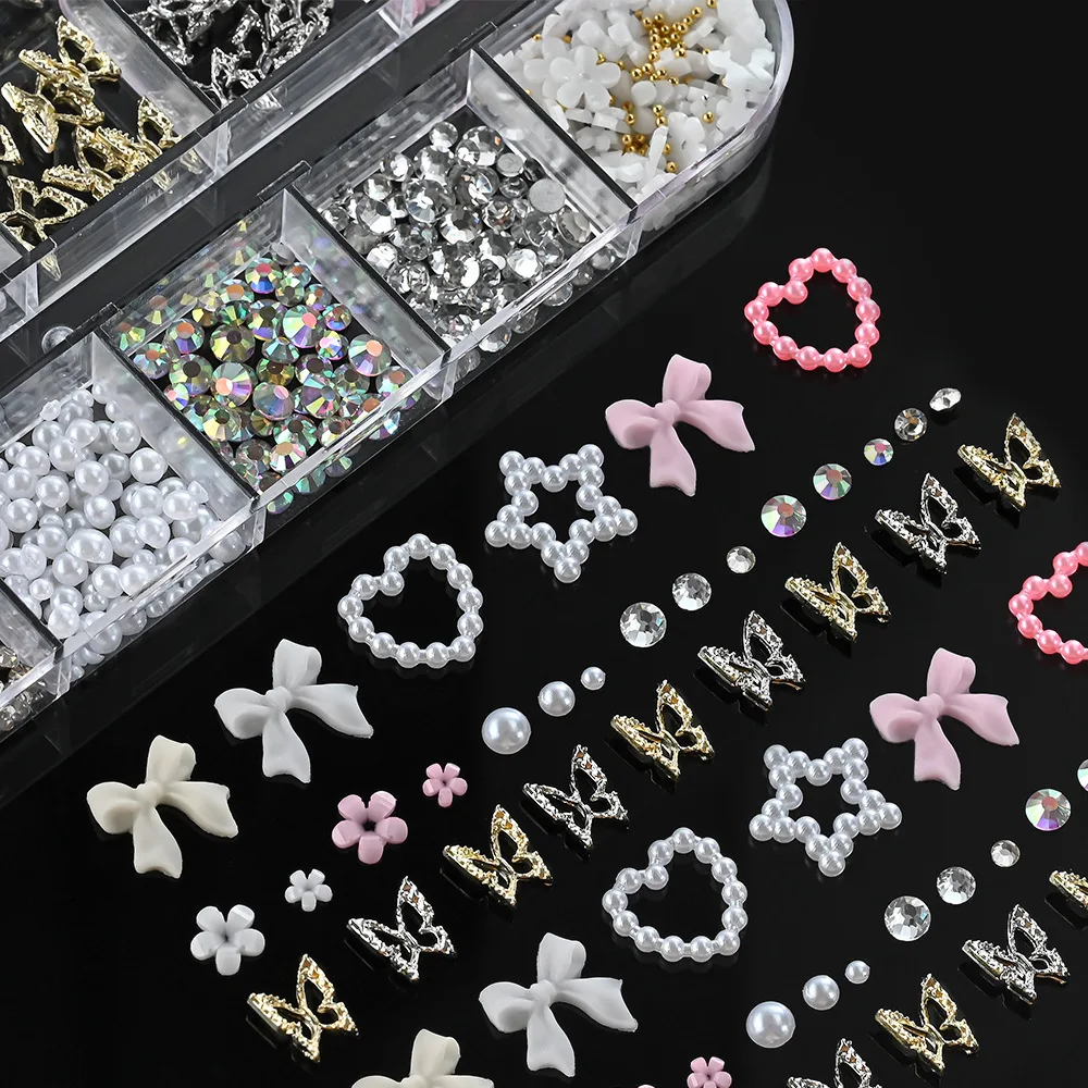 

12Grids Mixed Colorful Nail Art Charms Cute Bow/Rabbit/Fruit/Butterfly/Heart/Pearl Nail Art Decoration for Acrylic Nails DIY