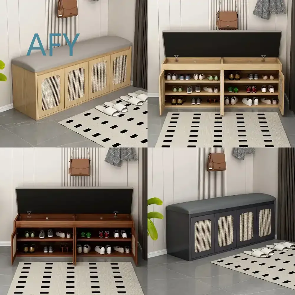 Chinese Style Rattan Shoe Changing Stool for Home Entryway Storage Cabinet Door Shoe Bench Modern Minimalist Footstool for