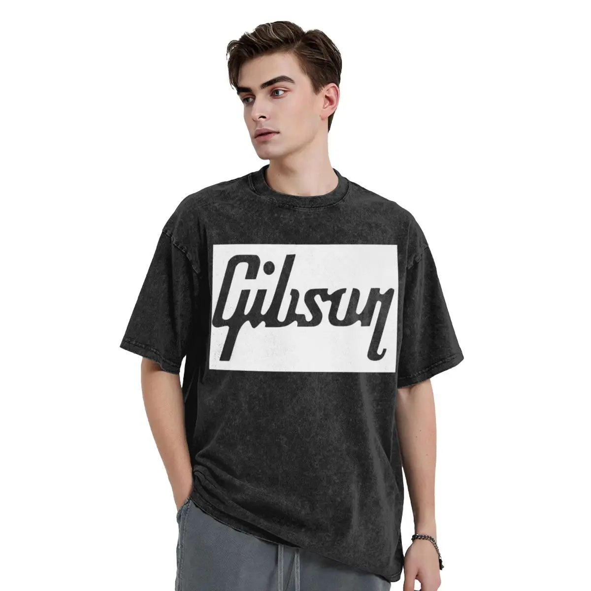 G-Gibson Music Washed T Shirts Vintage Short Sleeve Hip Hop T-Shirt Streetwear Tops Tees for Men Women