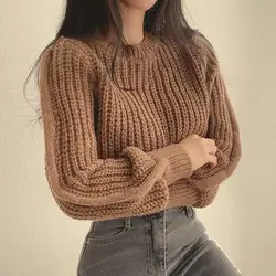 Autumn Winter Knitting Tops Round Neck Puff Long Sleeve Loose Fit Sweater Ribbed Trim Pullover Sweater