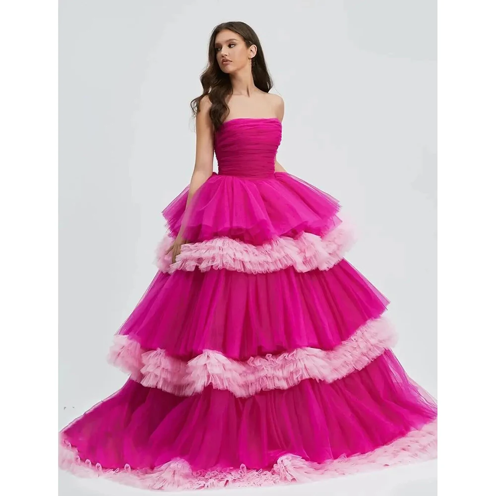 Strapless Pink Patchwork Layered Evening Dress New Cute Princess Formal Banquet Party Prom Sleeveless Gowns