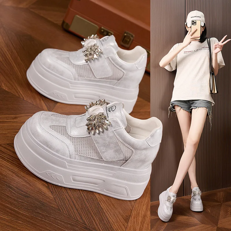 Women's Thick-soled White Shoes New Versatile Breathable Hollow Mesh Shoes Rhinestone Fashion Inner Height Increasing Women Shoe view 4