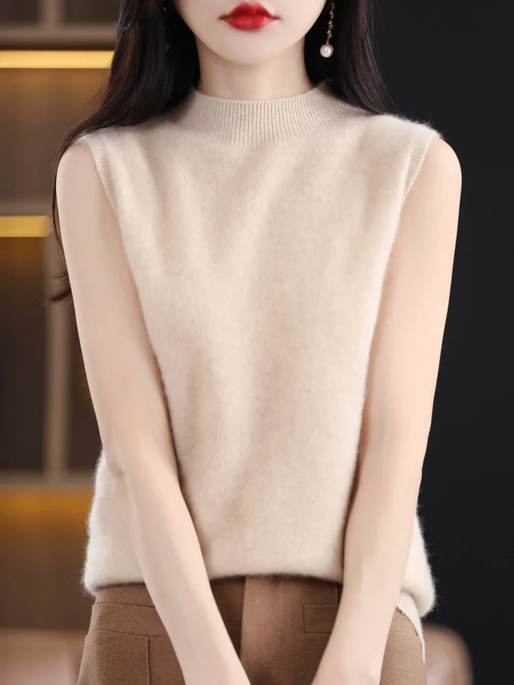 100% Zuivere Wollen Trui Gebreid Pullover Vest Dames Mock Neck Soild Mouwloos Los Basic Veelzijdig Vest Herfst Winter