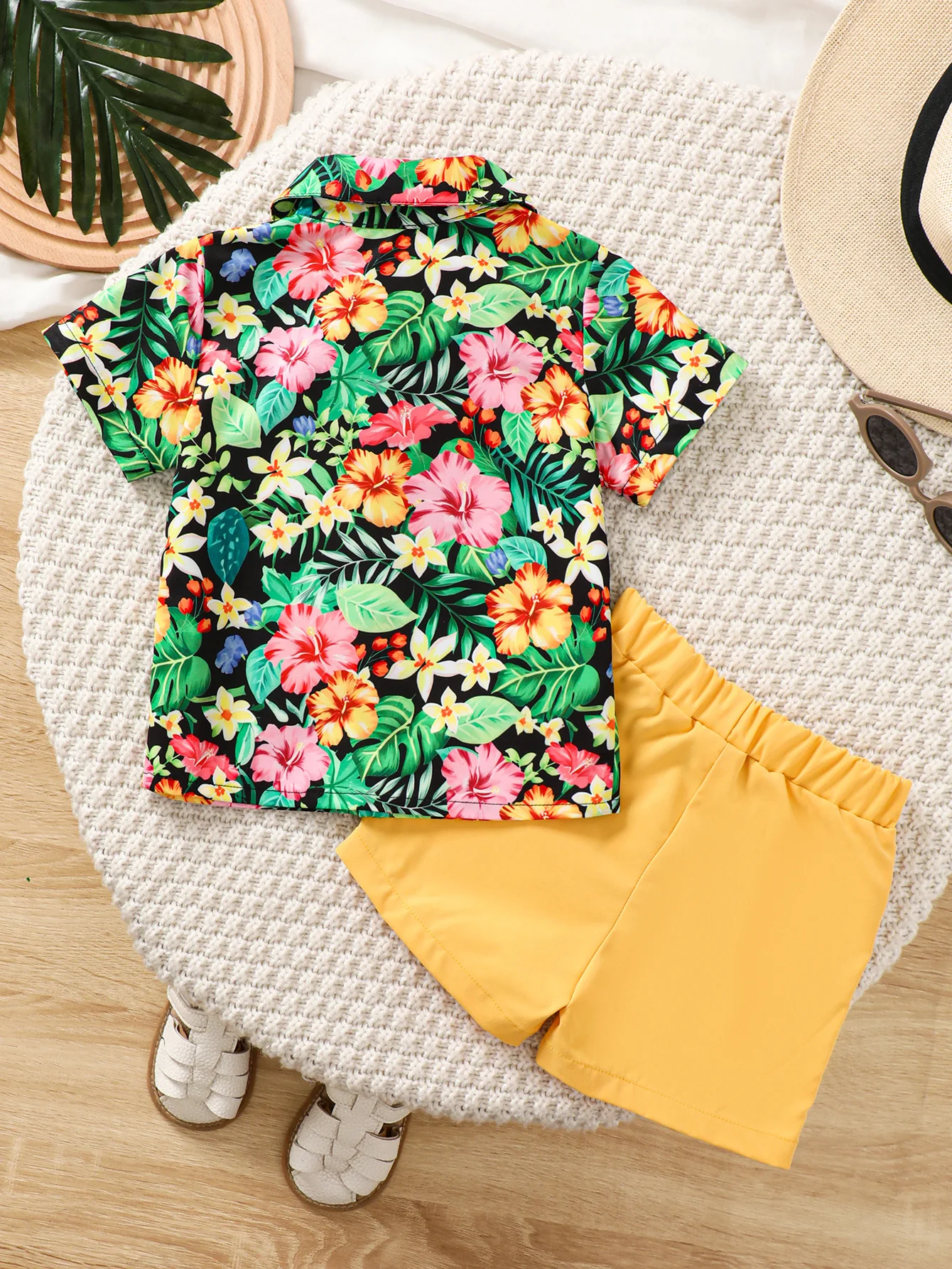 Fashion Summer Baby Boys 2PCS Tropical Floral Print Short Sleeve Shirt + Yellow Shorts  Outfit0-3Y Toddler Newborn Casual Wear