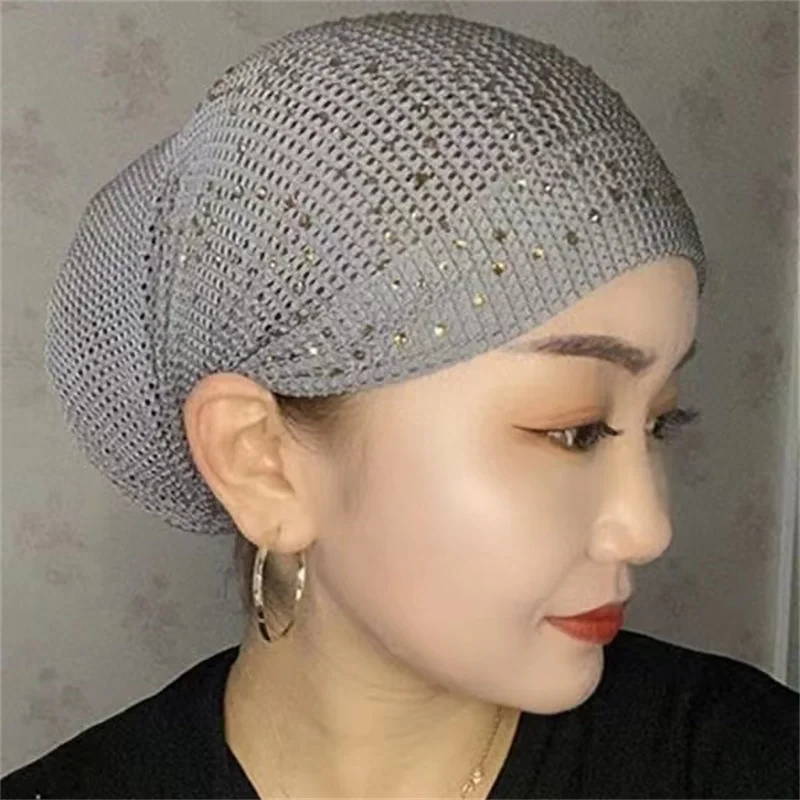 2023 New Breathable Mesh Summer Turban Hat Elastic Women Diamonds Muslim Headscarf Bonnet Lady Hair Loss Head Cover Beanie