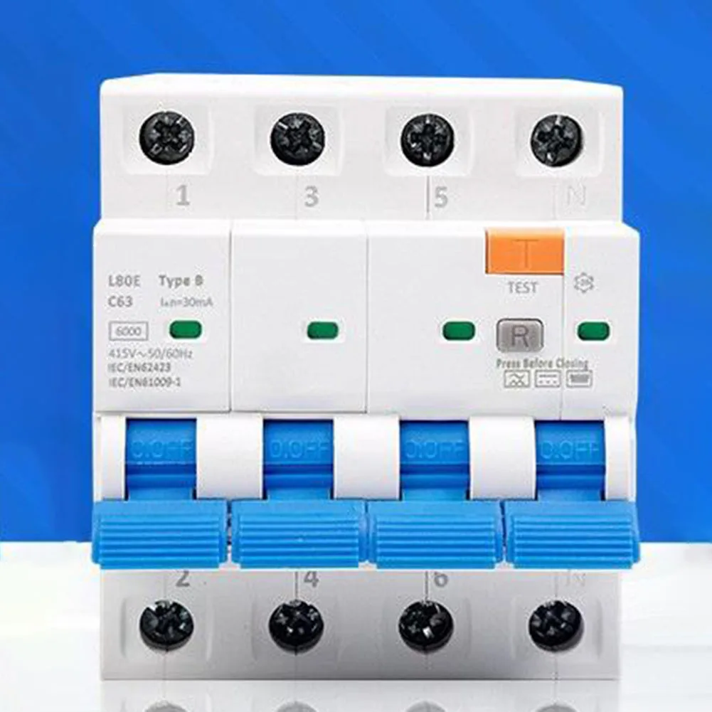 

1PC Type B Residual Current Circuit Breaker 63A 30mA 3P+N RCBO Series 6000A Breaking Capacity For PV Systems And DC Chargers
