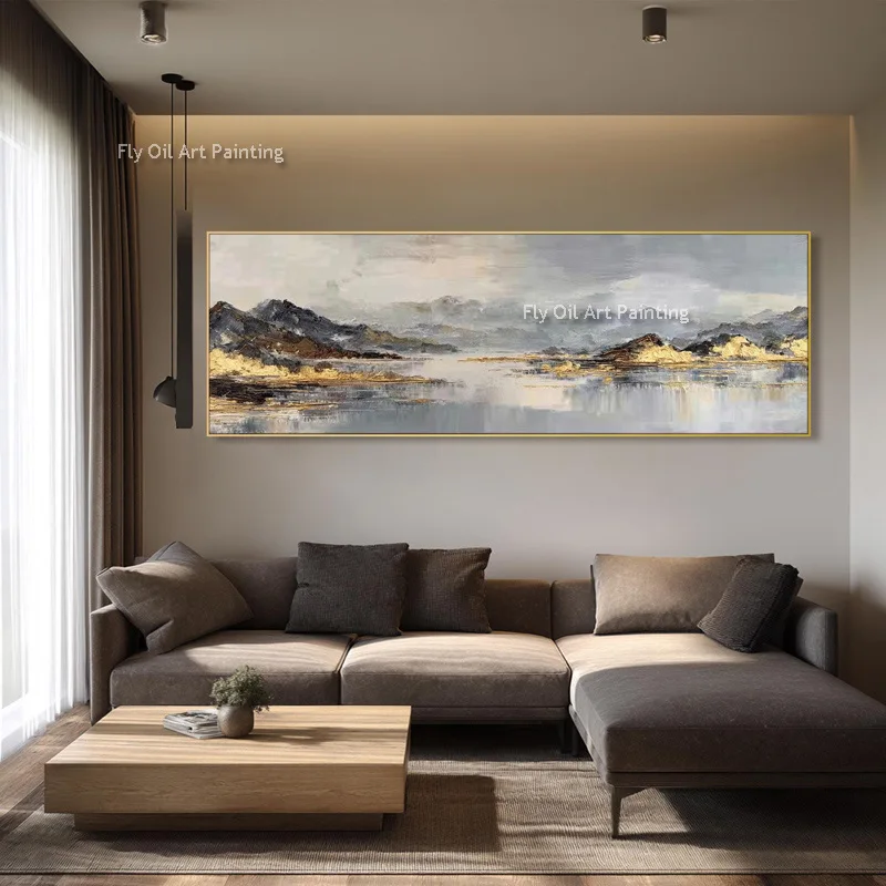 Handmade Canvas Wall Art Gold Mountain Oil Painting Textured Landscape Horizontal Wall Decor For Living Room