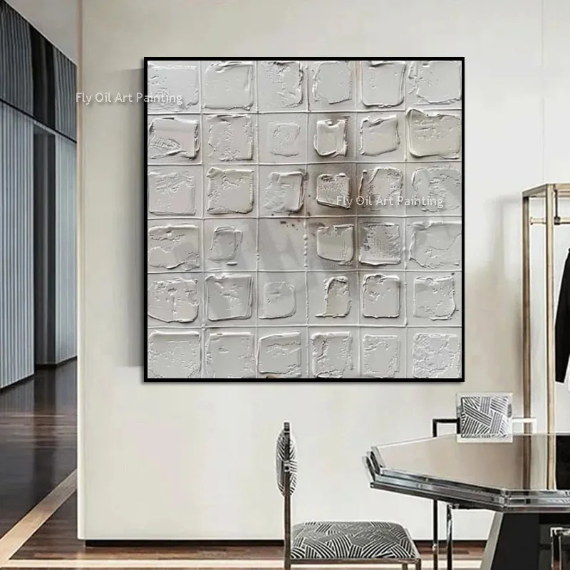 Handmade Neutral White Textured Block Wall Art Heavy Impasto Sculpture Oil Painting Wabi Sabi Modern Living Room Decor