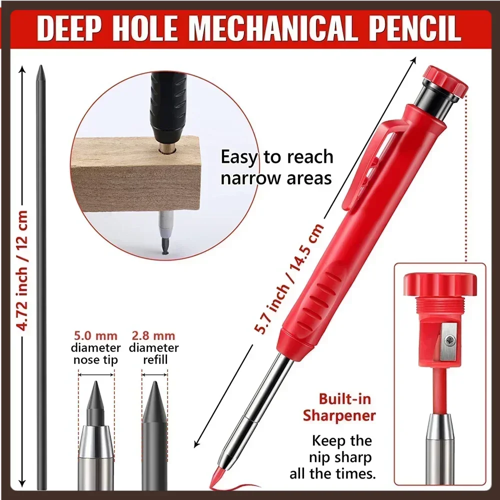 Ensemble de recharge de crayon de charpentier solide, trou profond à long nez, marqueur de crayon mécanique, taille-crayon intégré pour le travail de calcul de charpentier
