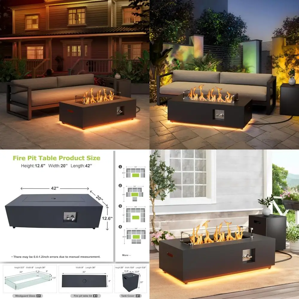 

Стол для костра на пропане со светодиодной подсветкой, 50 000 БТЕ, защита от ветра, крышка, камни и крышка - уличный камин для патио