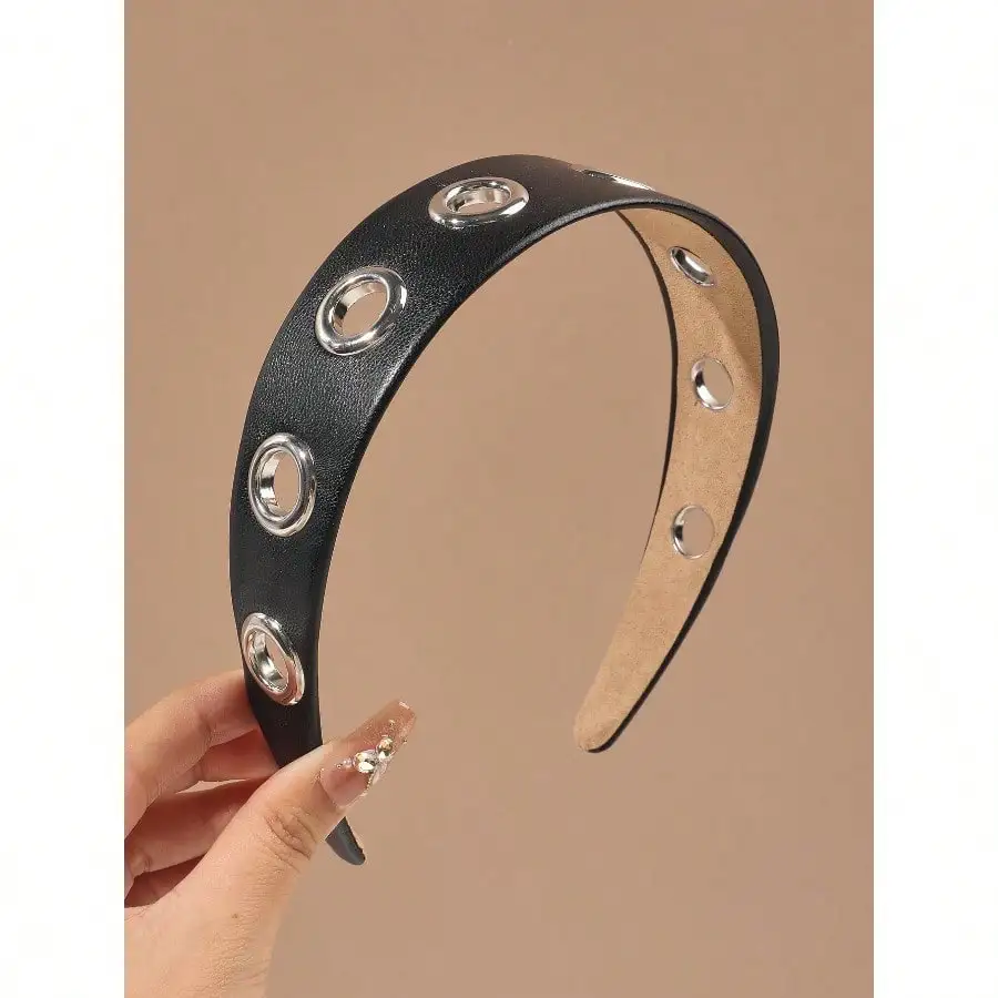 1pc Punk Style Black Faux Leather Metal Hollow Headband, Fashionable & Versatile Accessory, Autumn/Winter ,Hair Band Head Accessories Hairband Beauty Home Hair Accessories