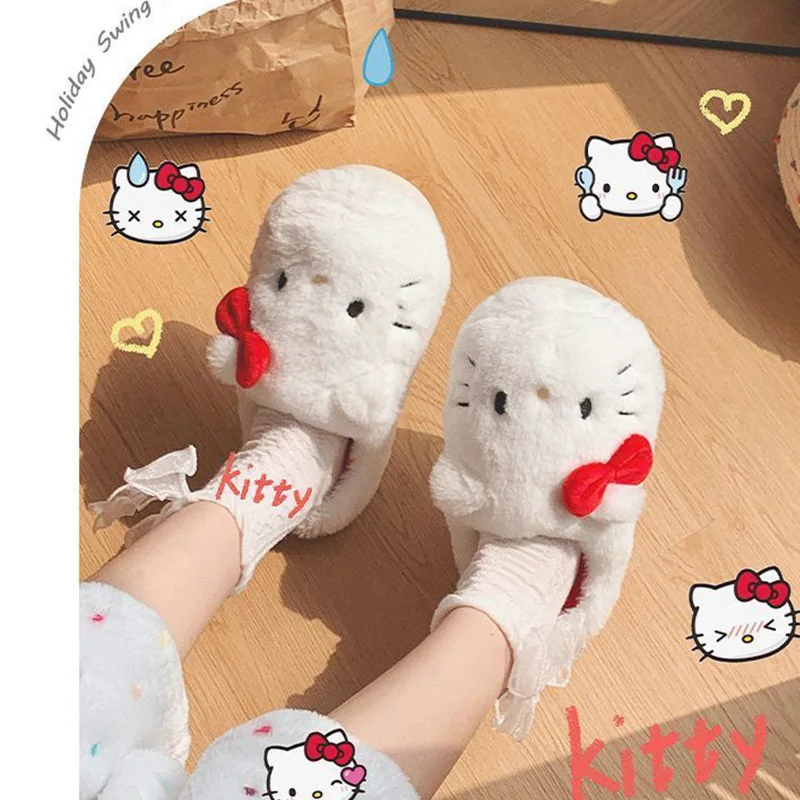 

Kawaii Hello Kitty Fleece Lined Cotton Slippers Girls Anti-Slip WearResistant Thick Sole Home Outdoor Warm Slippers Cute Gift
