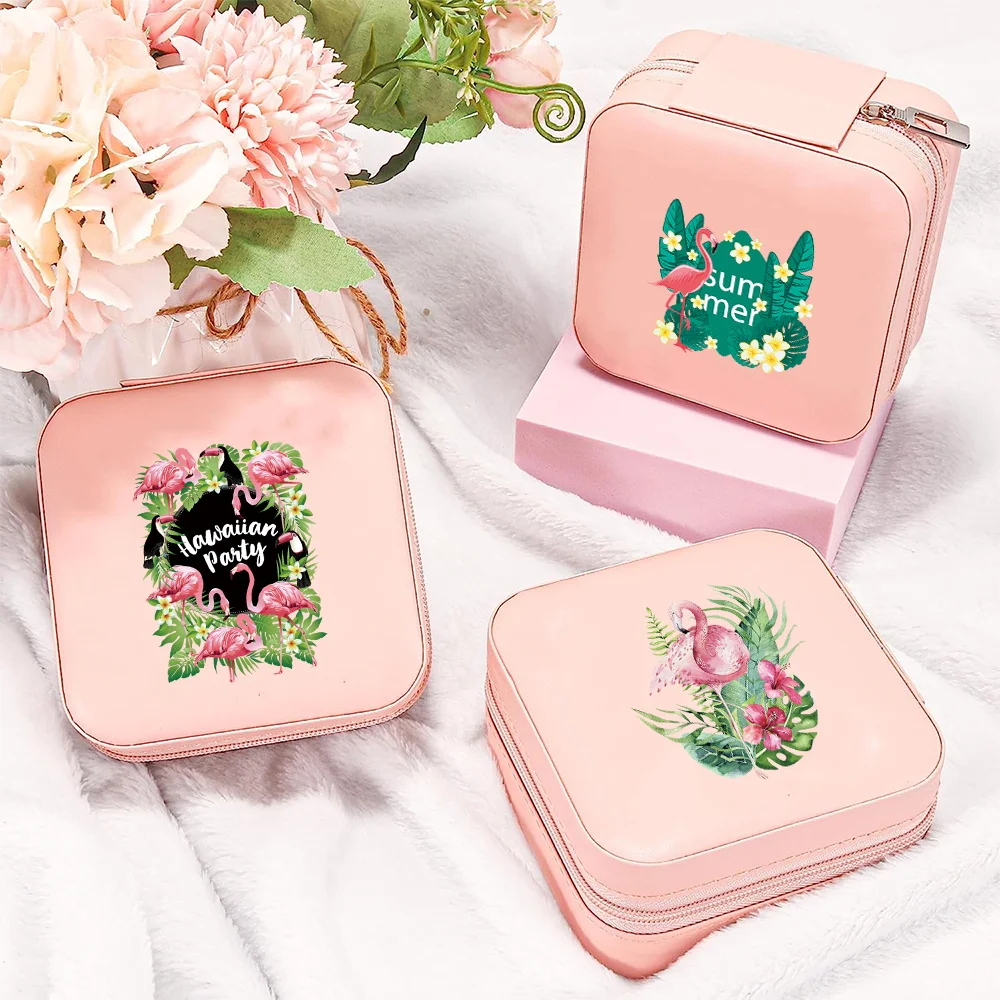 

Portable Jewelry Storage Box Travel PU Leather Waterproof Jewel Boxes New Necklace Ring Earrings Display Flamingo Pattern Series