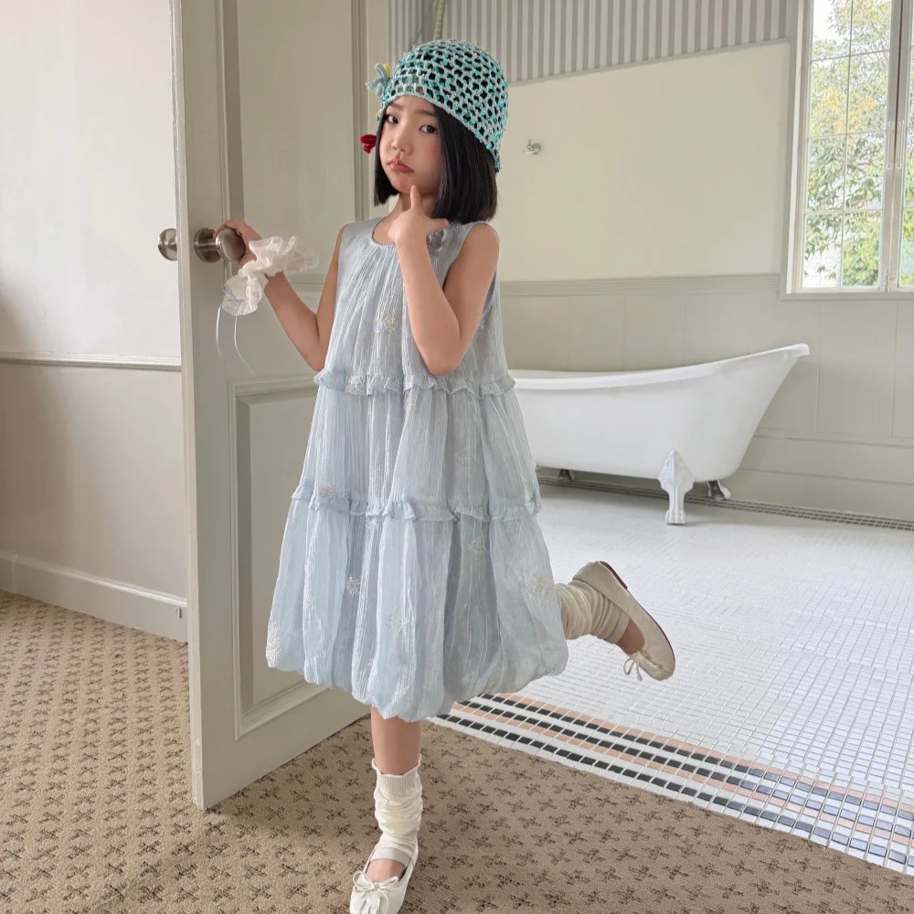 Mädchen 2026 Sommer Neues Koreanisches Besticktes Tanktop-Kleid Elegantes Süßes Ärmelloses Tanktop-Tüllkleid