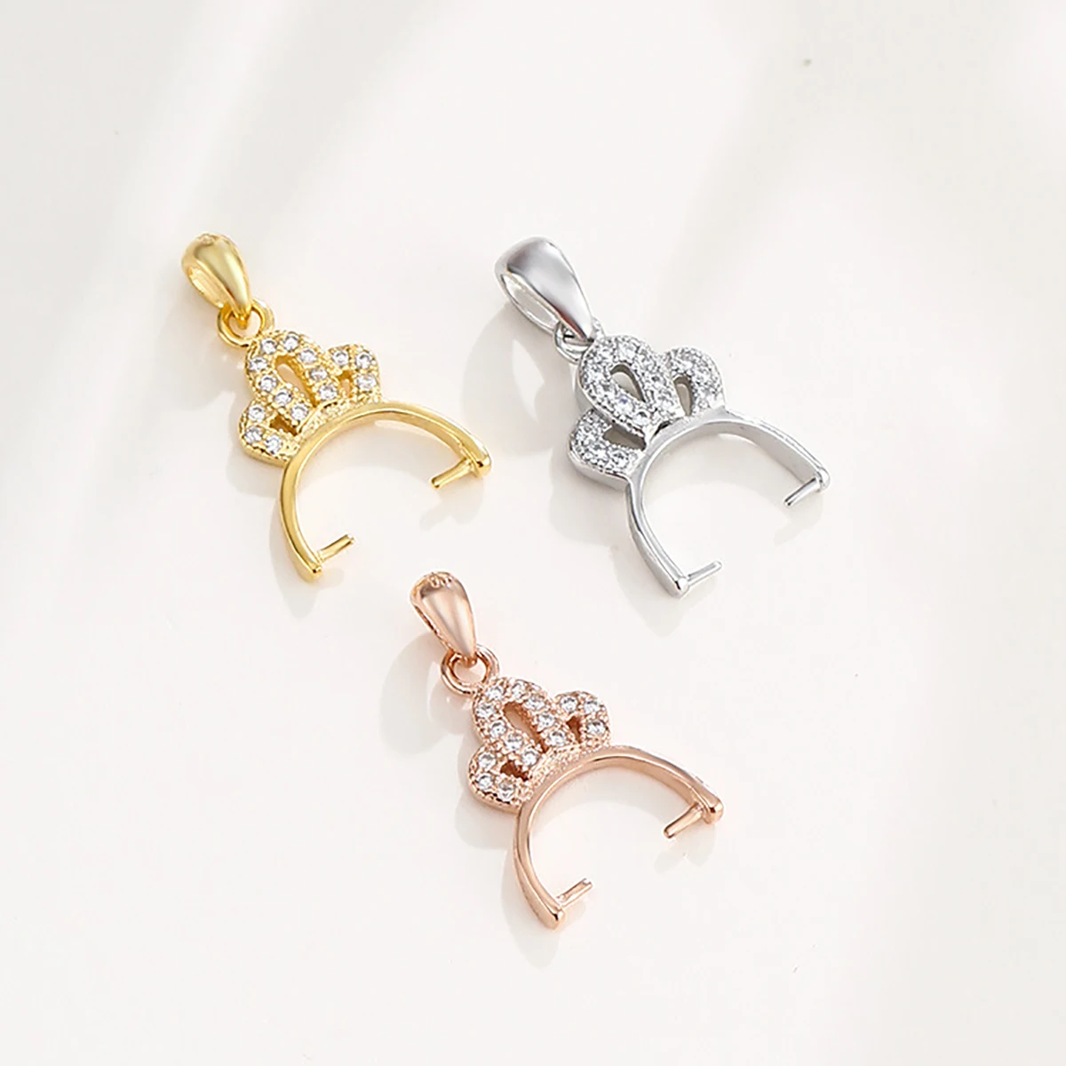 Solid 925 Silver Zircon Crown Pendant Pinch Bails Connector fit Round Drill Beads Making DIY Necklace Jewelry Making Supplies