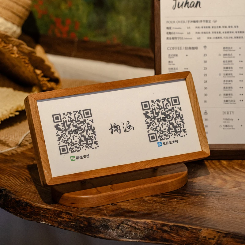 Premium Walnut Wood Code Stand Alipay WeChat Payment Holder Luxury Cafe Countertop Display Handcrafted Money Collection Plate