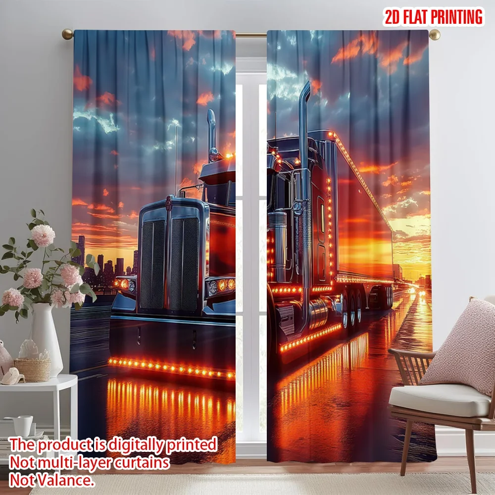 

2D flat printing 2pcs Party Curtain Sunset Lit Truck Journey Digital Printed Polyester Drapes All Season Party & Holiday Decor