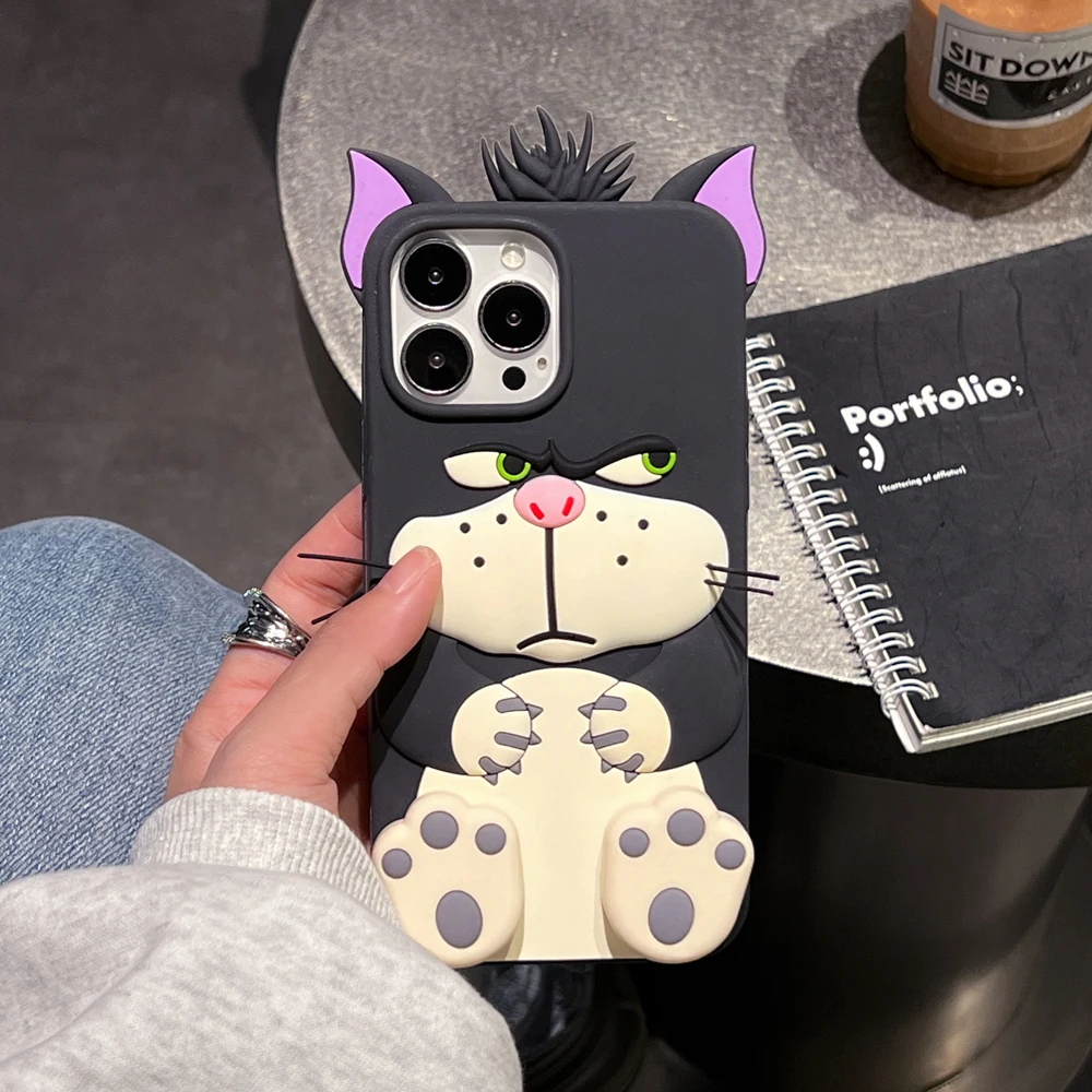 

For iPhone 17Promax 11 12 13 14 15 16ProMax 3D Telescopic Holder Phone Case Soft Silicone Back Cover Skin Shell Cute Cartoon Cat