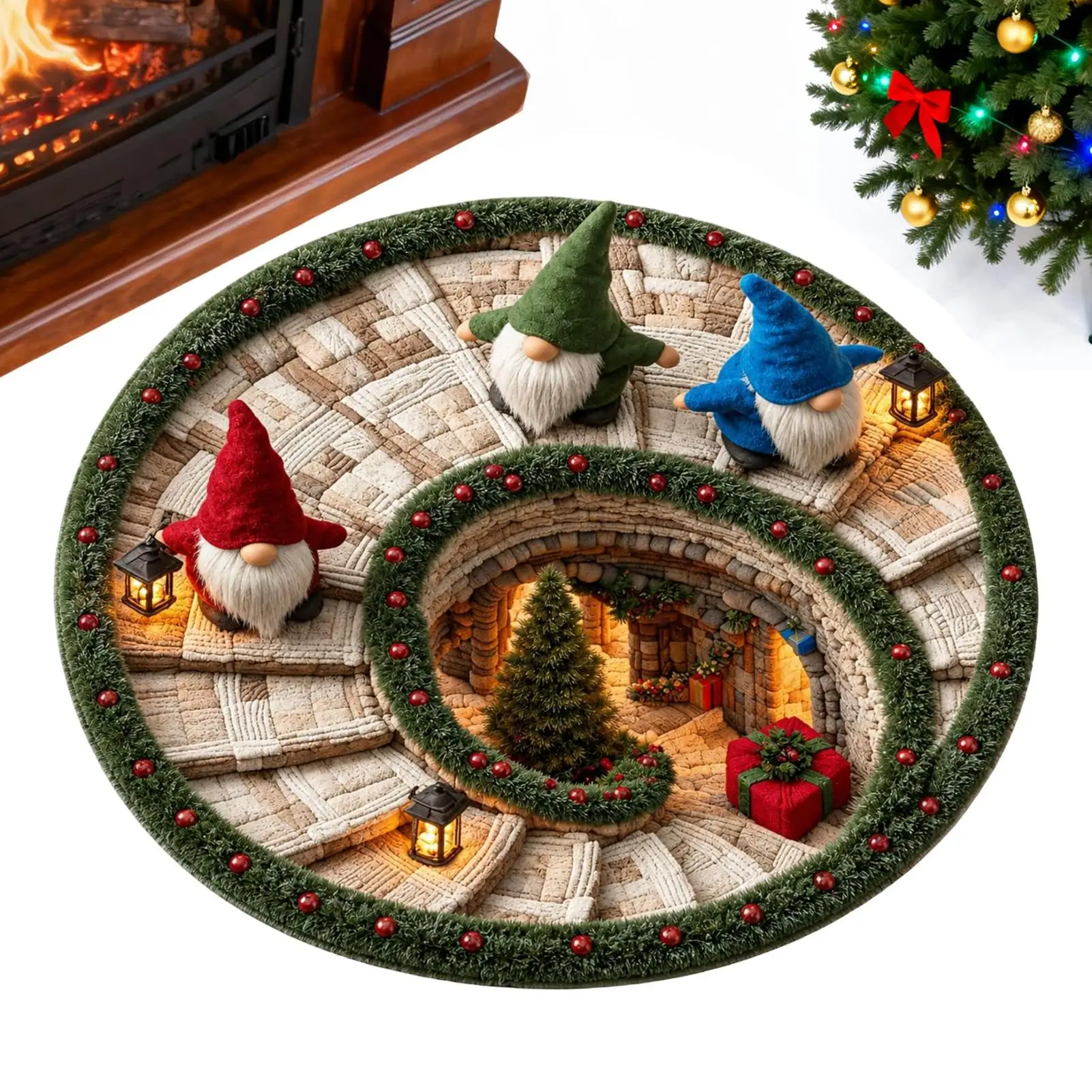 Christmas Round Area Rug 60cm 3D Optical Illusion Gnome Mat Crystal Velvet Holiday Floor Carpet Christmas Door Mat