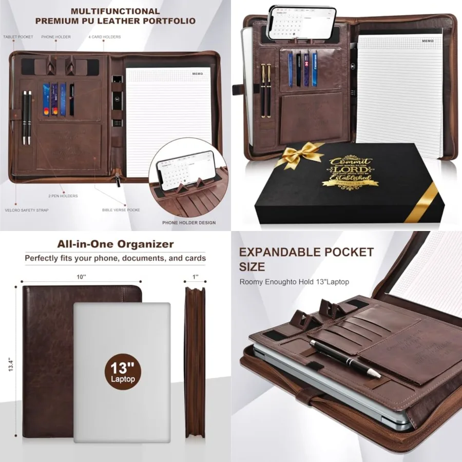

Leather Portfolio for Men, Christian Religious Gifts for Men with Laptop Pocket, Padfolio Binder Folder with Zipper for Women,
