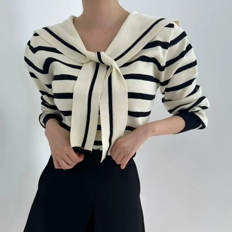 Sailor Collar Ropa Mujer 2024 Woman Sweater Hit Color Stripe Roupas Feminina Long Sleeve Tops Autumn Elastic Outerwears